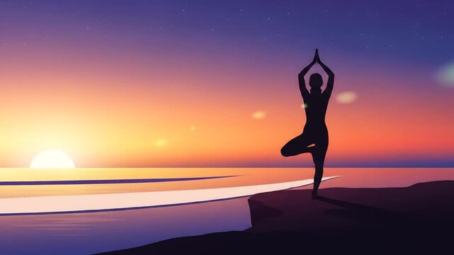 Serene Yoga Silhouette at Sunset - Balancing on the Cliffside.