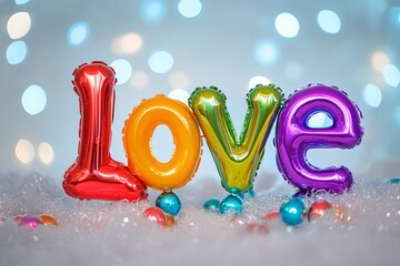 An inflated rainbow word LOVE floating between soap bubbles