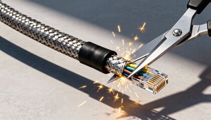 3D Render Wallpaper of a braided network cable being cut by scissors, with sparks flying, representing cybersecurity and data breach, perfect for tech backgrounds and modern concepts.