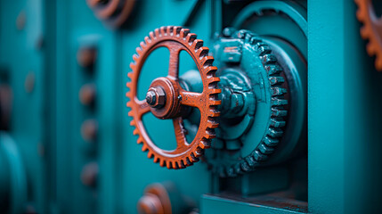 Macro view of powerful industrial gearing system featuring bright orange spur gear mounted on weathered teal machine housing, symbolizing engineering and motion