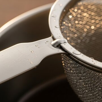 Elegant stainless steel mesh strainer glistens with water droplets reflection