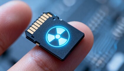 High-tech 3D Render Wallpaper of a Micro SD Card with a Glowing Radioactive Symbol Held by a Finger, Symbolizing Data Security Risks and Digital Threats, Perfect for Cyber Security Backgrounds and