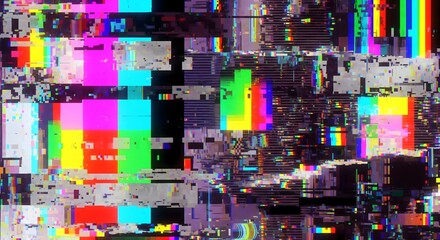 Vibrant digital glitch art with colorful distortions and pixelation effects