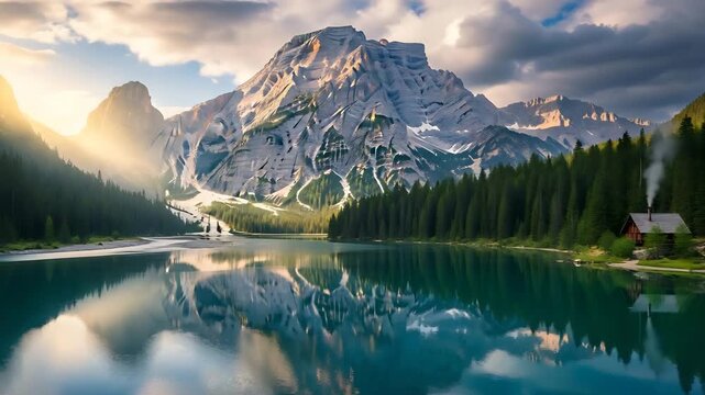 Serene mountain lake with snowcapped peaks and a cozy cabin surrounded by evergreen trees at sunrise or sunset