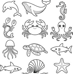 Cute ocean marine animals line art collection featuring dolphin, whale, crab, octopus, turtle, sharks, jellyfish, starfish, and seashell illustrations for kids