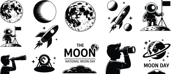 National Moon Day space exploration icons set, astronaut rocket telescope lunar phases astronomy illustration vector collection black white minimalist design © MdMonirujjaman