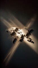 A stylized world map, subtly illuminated from above by converging light beams, casting a dramatic shadow on a dark background.  The map appears carved or embossed, creating a three-dimensional effect