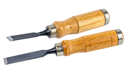 Fototapeta premium Dual collection of woodworking chisels with sharp cutting edges isolated on transparent background