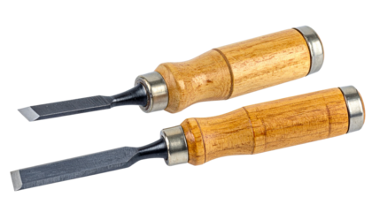 Dual collection of woodworking chisels with sharp cutting edges isolated on transparent background