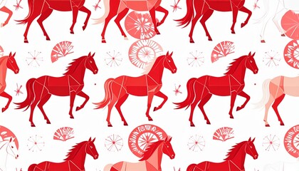 幾何学的な馬のモダン和柄背景：赤と白のフラットデザイン・シームレス素材