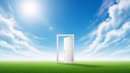 open door on green grass with blue sky and white clouds symbolizing opportunity new beginning and freedom
