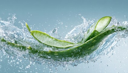A vibrant green aloe vera leaf, sliced and elegantly curved, is dynamically splashed with clear water against a soft blue backdrop.  The image conveys freshness and purity