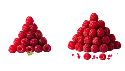 Pair of creative raspberry stacks in geometric pyramid shapes isolated on transparent background