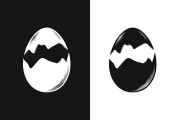 Two stylized egg shapes featuring mountain silhouettes in black and white, shown on contrasting backgrounds, symbolizing nature and duality