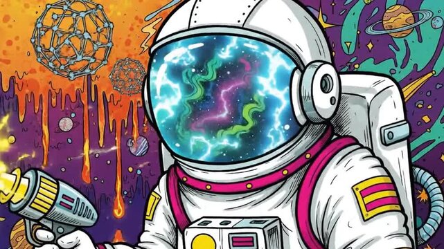 Astronaut psychedelic cartoon sketch set on vibrant background design