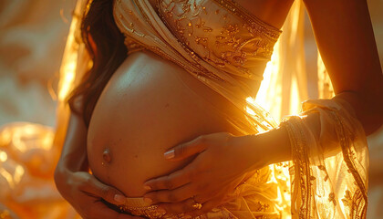 Golden Glow of Anticipation: An intimate portrait of a pregnant person cradling her burgeoning belly, embodying the miracle of life, serenity, and the anticipation of new beginnings.