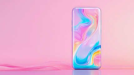 Sleek Modern Smartphone with Vibrant Abstract Liquid Art Wallpaper Displayed on Minimalist Soft Pink Studio Background with Elegant Wavy Details and Ample Copy Space for Your Design