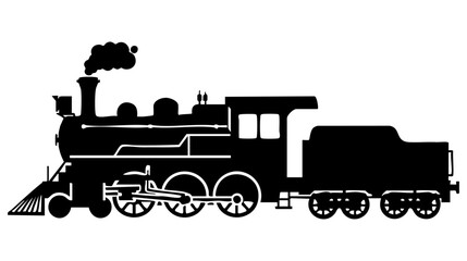 A black silhouette illustration of a vintage steam train with smoke from the chimney isolated on transparent background, Vector