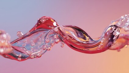 A vibrant, translucent, pink-hued liquid flows in a dynamic, swirling wave, punctuated by numerous small, air bubbles against a soft, gradient background of pink and purple