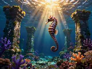 Sunlight pierces ocean, illuminating seahorse among ancient ruins and vibrant coral reefs.