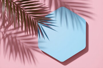 Blue hexagon shape with palm shadow overlay on soft pink background