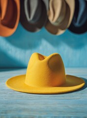 A vibrant yellow felt fedora rests on a pale blue wooden surface, bathed in sunlight.  A row of diverse hats hangs blurred in the background against the same blue wall