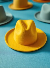 A vibrant yellow felt fedora rests centrally on a pale blue background, surrounded by blurred hats in various muted pastel colors. The image emphasizes the texture and color contrast