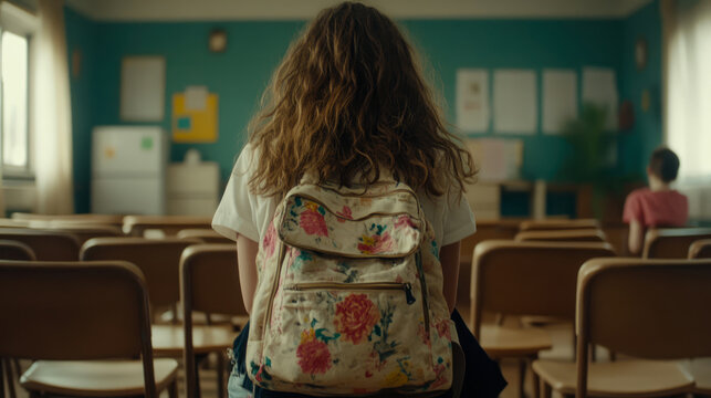 Student with floral backpack sits quietly in classroom, ready for day of learning and growth, surrounded by empty desks, representing journey of education.
