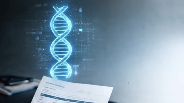 interoperability health data exchange concept. Patient holding genetic report with digital DNA visualization.