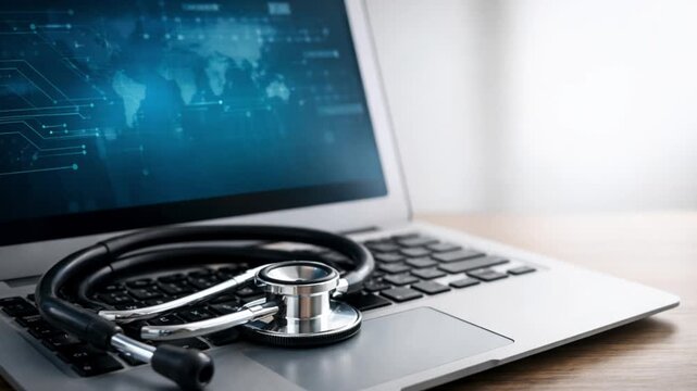 interoperability health data exchange concept. Data transfer success displayed on a laptop with a stethoscope nearby.