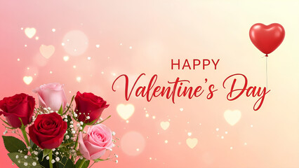 Happy Valentine's Day Greeting Card. Beautiful rose flowers and red heart balloon on shining pink background. Romantic love celebration