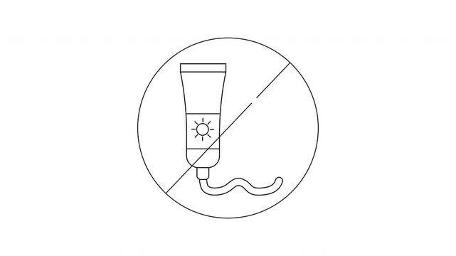 Blackandwhite vector graphic of a sunscreen tube crossed out by a diagonal line within a circle