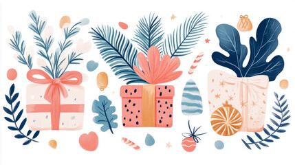 Modern festive illustration set featuring three stylized Christmas gift boxes topped with abstract blue and coral botanical arrangements and scattered candy canes and holiday decor.
