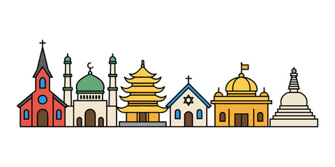 Religious buildings skyline showing world faith diversity