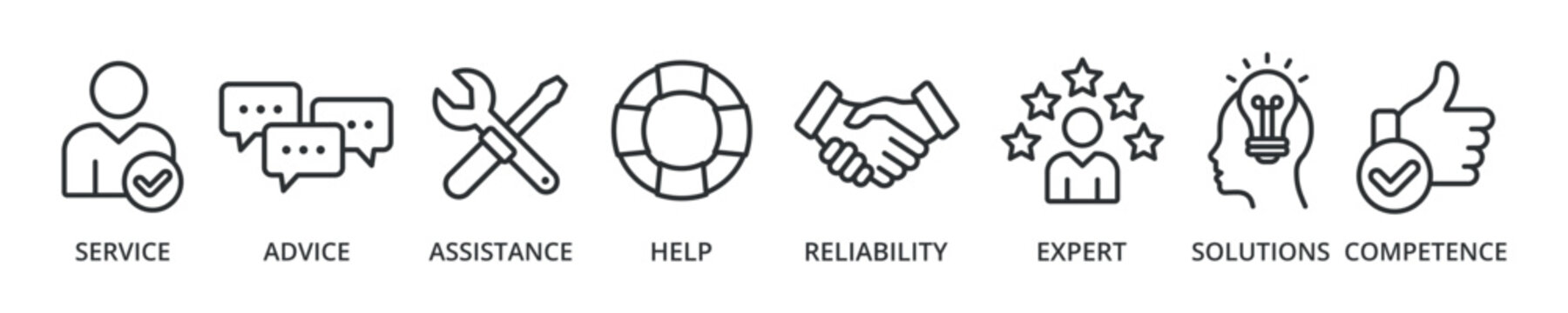 Support banner icon with service, advice, assistance, help, reliability, expert, solutions, competence