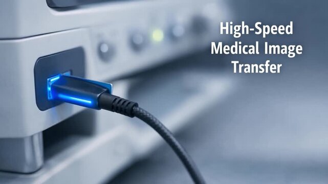 interoperability health data exchange concept. High-speed medical image transfer with a hand connecting a cable.