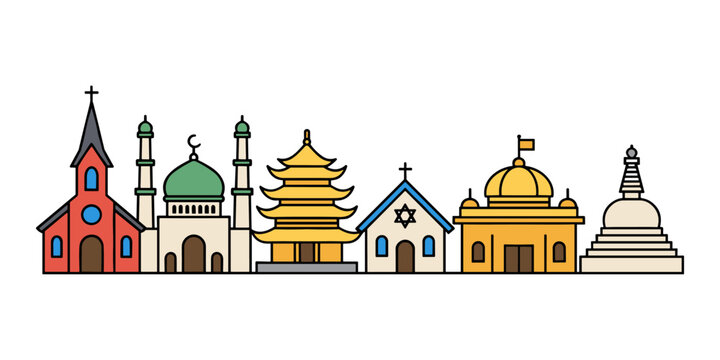 Religious buildings skyline showing world faith diversity