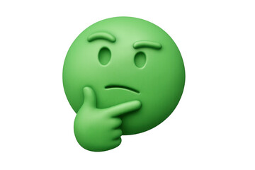 Green 3d emoji contemplating a decision, considering options, feeling doubtful, skeptical, or having a question, transparent background