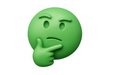 Green 3d emoji contemplating a decision, considering options, feeling doubtful, skeptical, or having a question, transparent background