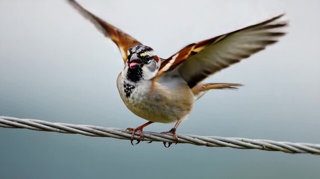 Small wild red winged blackbird, red headed gull, and red tailed hawk with brown feathers and sharp beaks sit on a garden tree branch in nature