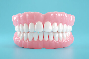 Fototapeta premium realistic dental prosthesis showing full set of white teeth and pink gums on bright blue background