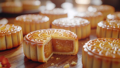 Golden Mooncakes with Intricate Patterns, One Revealing Sweet Filling