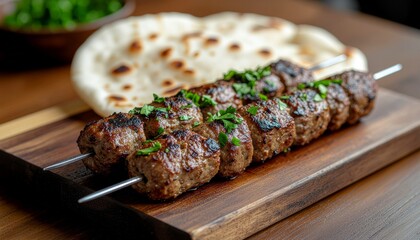 Juicy Grilled Meat Skewers with Fresh Parsley on a Wooden Board