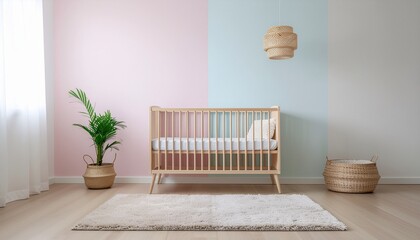 Modern Baby Nursery with Wooden Crib, Pastel Walls, and Natural Decor