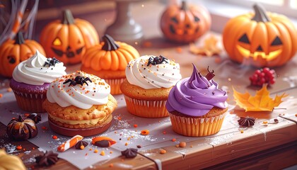 Festive cupcakes and carved pumpkins on a wooden surface, autumn aesthetic