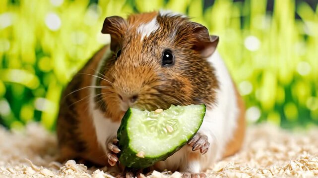 Guinea Pig Holding and Eating Cucumber Slice