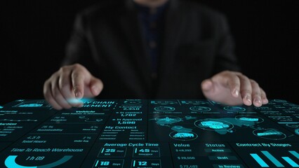 A businessman engages with a transparent digital screen displaying various metrics related to supply chain management and warehouse operations, showcasing data-driven insights. Cipher