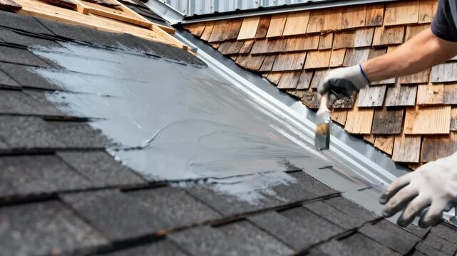 Hands applying a fireretardant coating to roofing materials in a midrange frame emphasizing preventative treatment to enhance fire resistance on various surfaces.