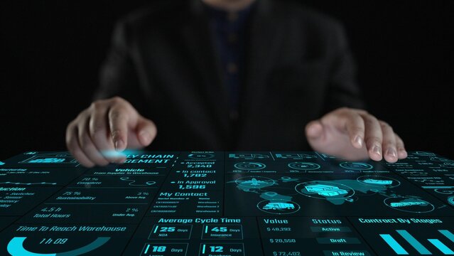 A businessman engages with a transparent digital screen displaying various metrics related to supply chain management and warehouse operations, showcasing data-driven insights. Cipher - Powered by Adobe
