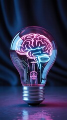 Light bulb with glowing brain inside purple light